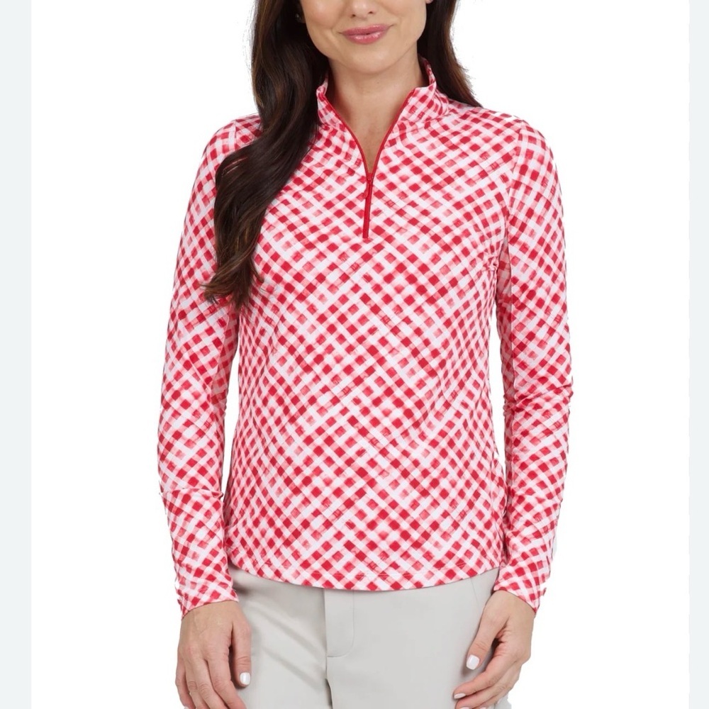 IBKUL Women's Large Gingham Check Print Long Sleeve Mock Neck Red White 1/4 Zip
